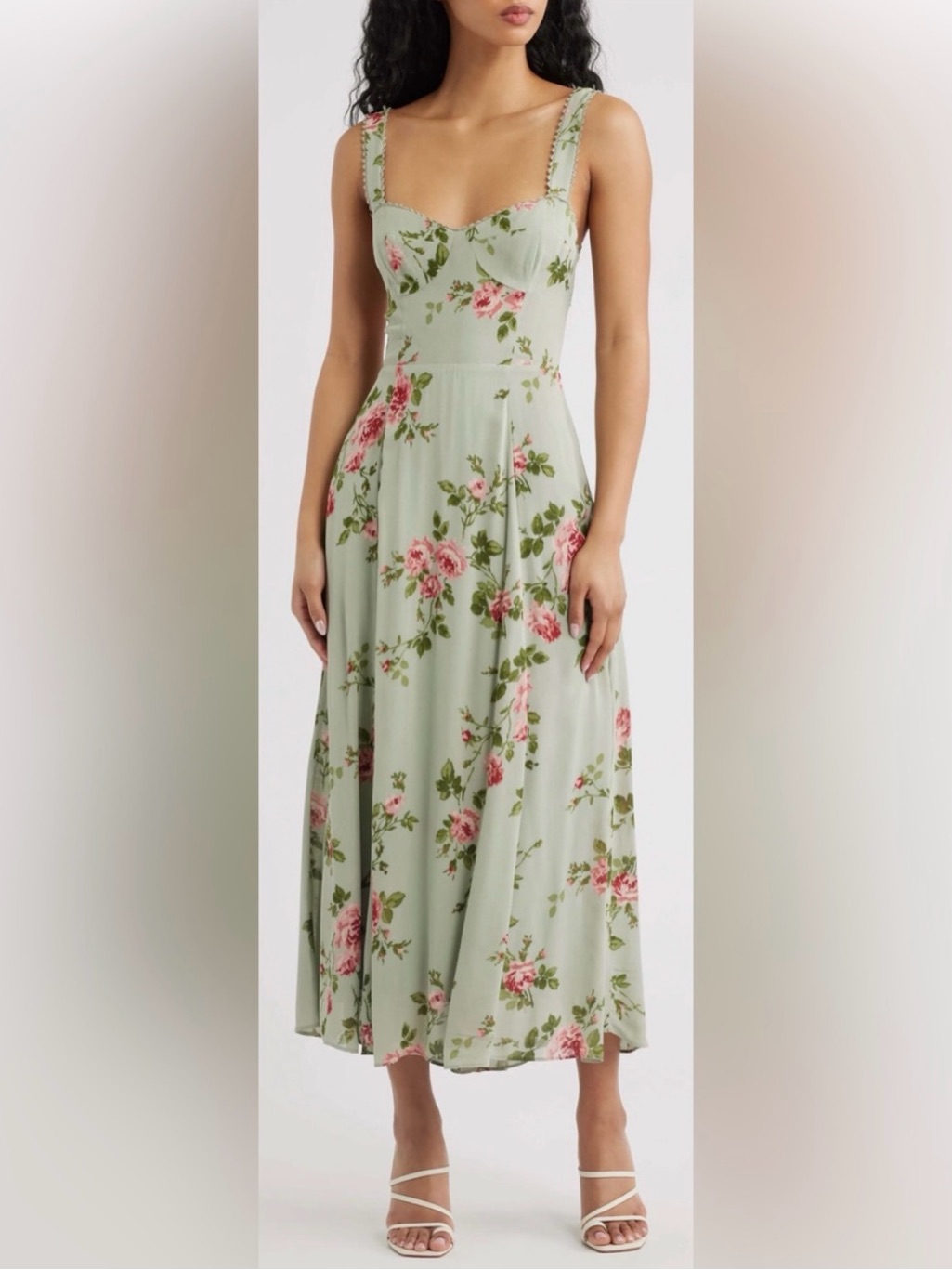 Reformation Sage Green Floral Midi Dress With Pink Roses